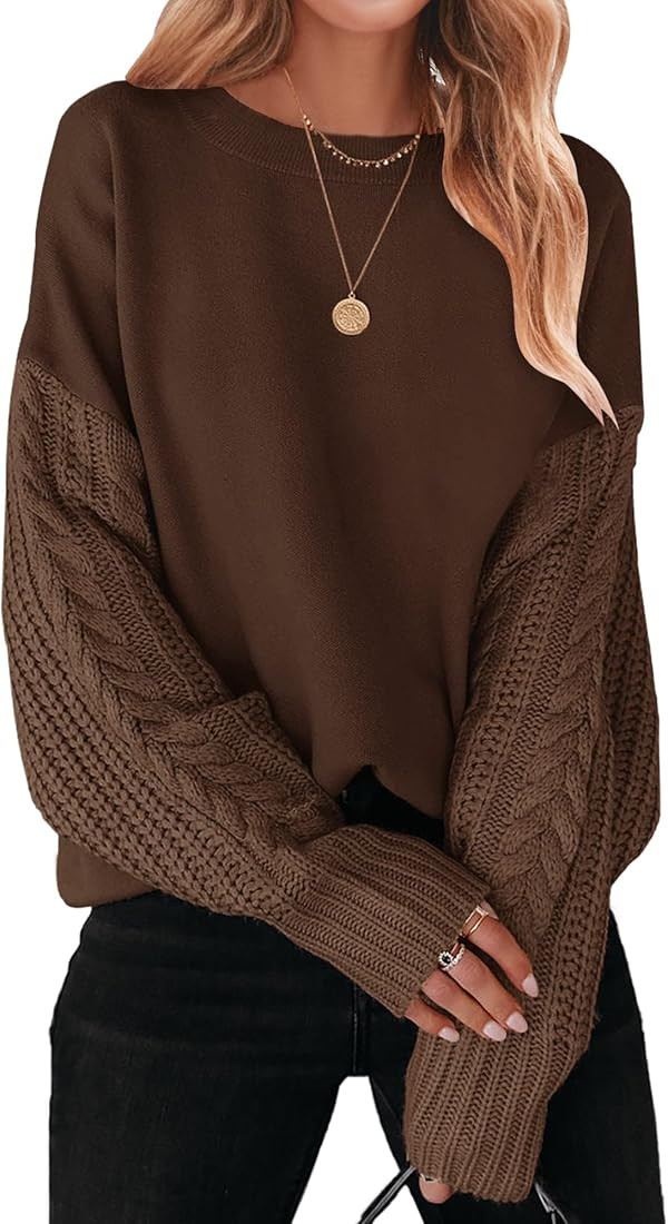 ZESICA Women's Fall Long Sleeve Crew Neck Solid Color Cable Knit Chunky Casual Oversized Pullover... | Amazon (US)