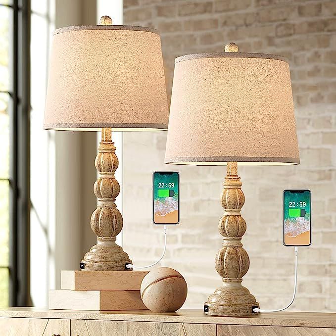 IMYOTH 26" Rustic Farmhouse Table Lamp Set of 2, Resin Nightstand Lamp with Dual USB Charging Por... | Amazon (US)