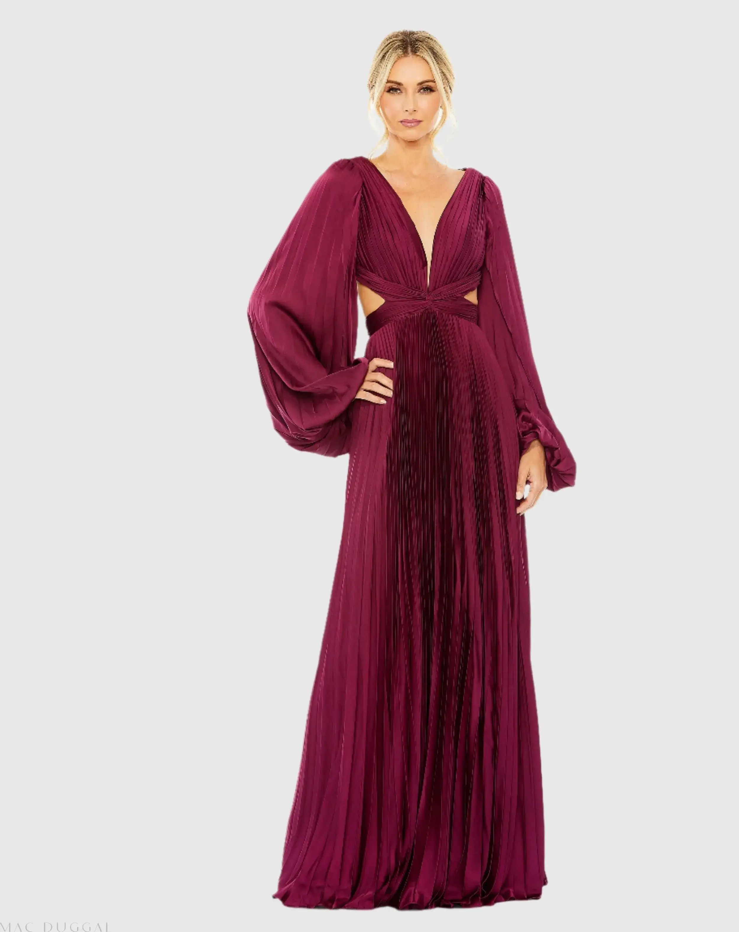 Red Long Sleeve Pleated Charmeuse Cut Out Gown - Mac Duggal | Mac Duggal