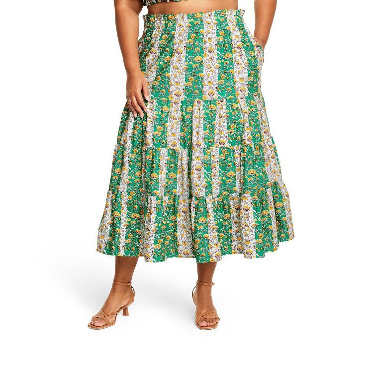 Women's Mixed Whimsical Floral & Stripe Print Midi Skirt - RHODE x Target Green/Blue/Yellow | Target