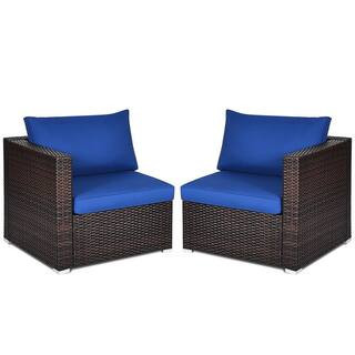 2PCS Rattan Corner Sofa Set Patio Outdoor Furniture Set w/4 Navy Cushions | The Home Depot