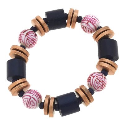 Lorelei Pink & White Chinoiserie & Painted Wood Stretch Bracelet in Navy | CANVAS