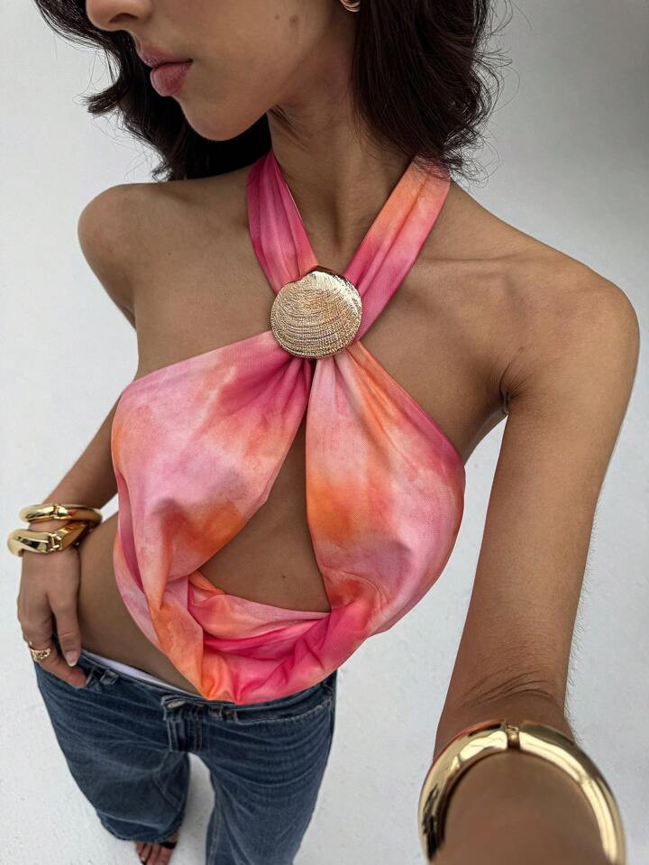 Aloruh Women's Sexy Elegant Cross Halter Backless Tie-Dye Printed Crisscross Sleeveless Blouse | SHEIN