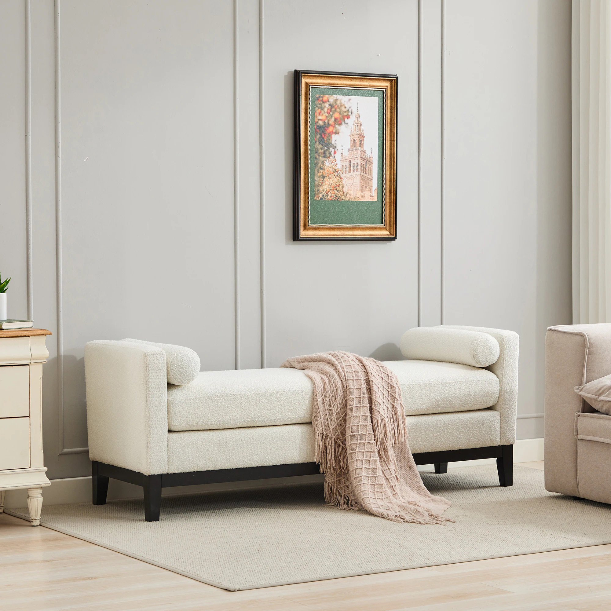 GLANZEND Elegant Ivory End of Bed Bench Boucle and Solid Wood and Plywood with Storage 66.34 in W one_size | 6514FGF8S | Lowe's
