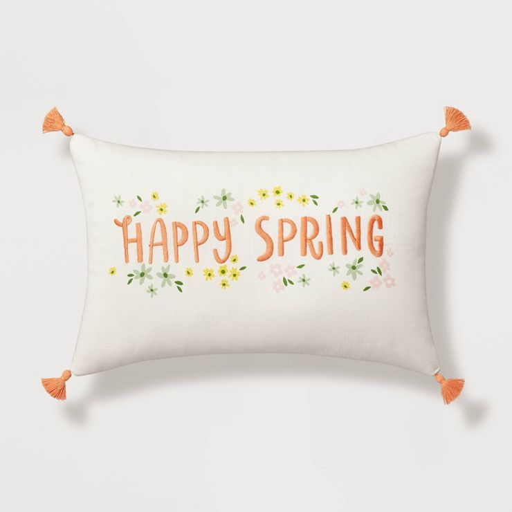 Embroidered Happy Spring Easter Lumbar Throw Pillow with Lace Trim Neutral - Spritz™ | Target