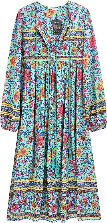 Women's Long Sleeve Floral Print Retro V Neck Tassel Bohemian Midi Dresses | Amazon (US)