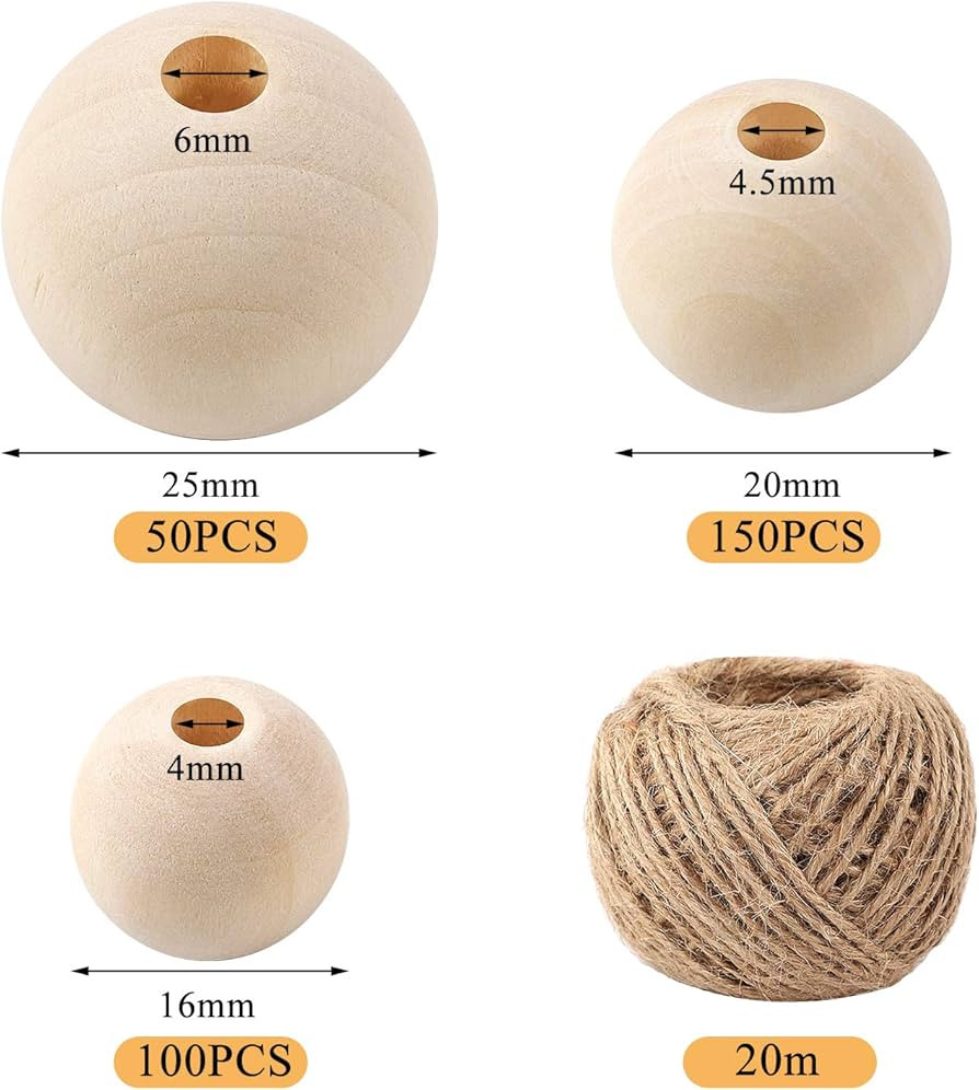 DICOBD 300pcs Wooden Beads 3 Sizes(16mm/20mm/25mm) Natural Unfinished Round Wood Beads Large with... | Amazon (US)