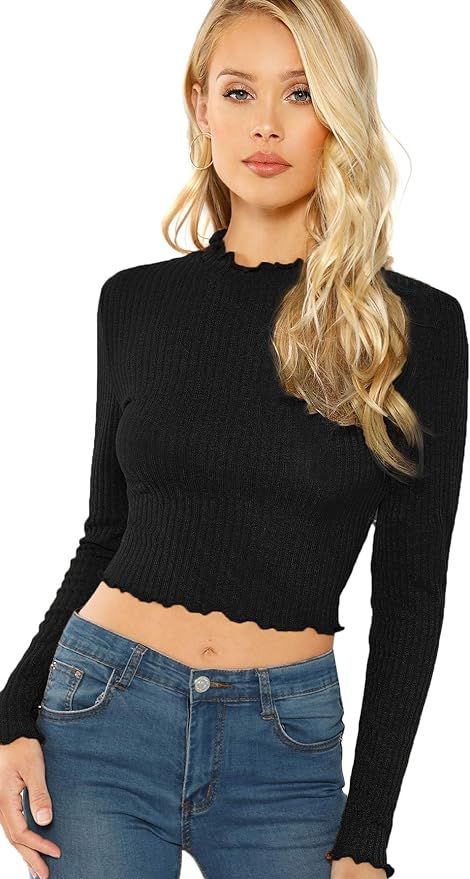Floerns Women's Lettuce Trim Mock Neck Tight Ribbed Long Sleeve Crop Top Tee Shirts | Amazon (US)