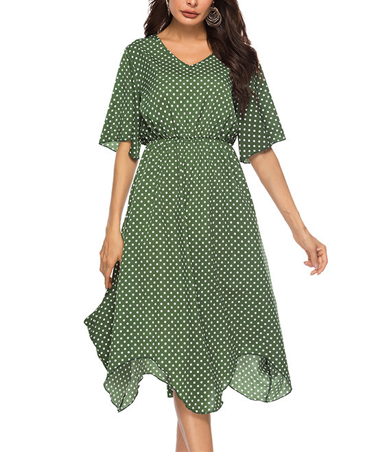 Estampados Women's Casual Dresses Green - Green Polka Dot V-Neck Handkerchief Dress - Women | Zulily