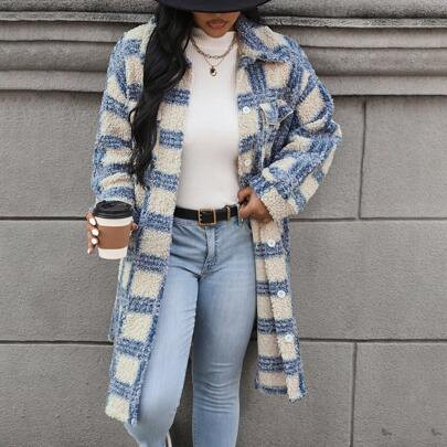 Women's Plus Size Plaid Fluffy Coat, For Winter | SHEIN