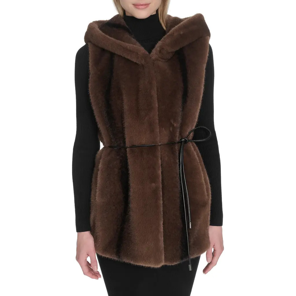 Cole Haan Hooded Faux Mink Vest in Brown at Nordstrom, Size X-Small | Nordstrom