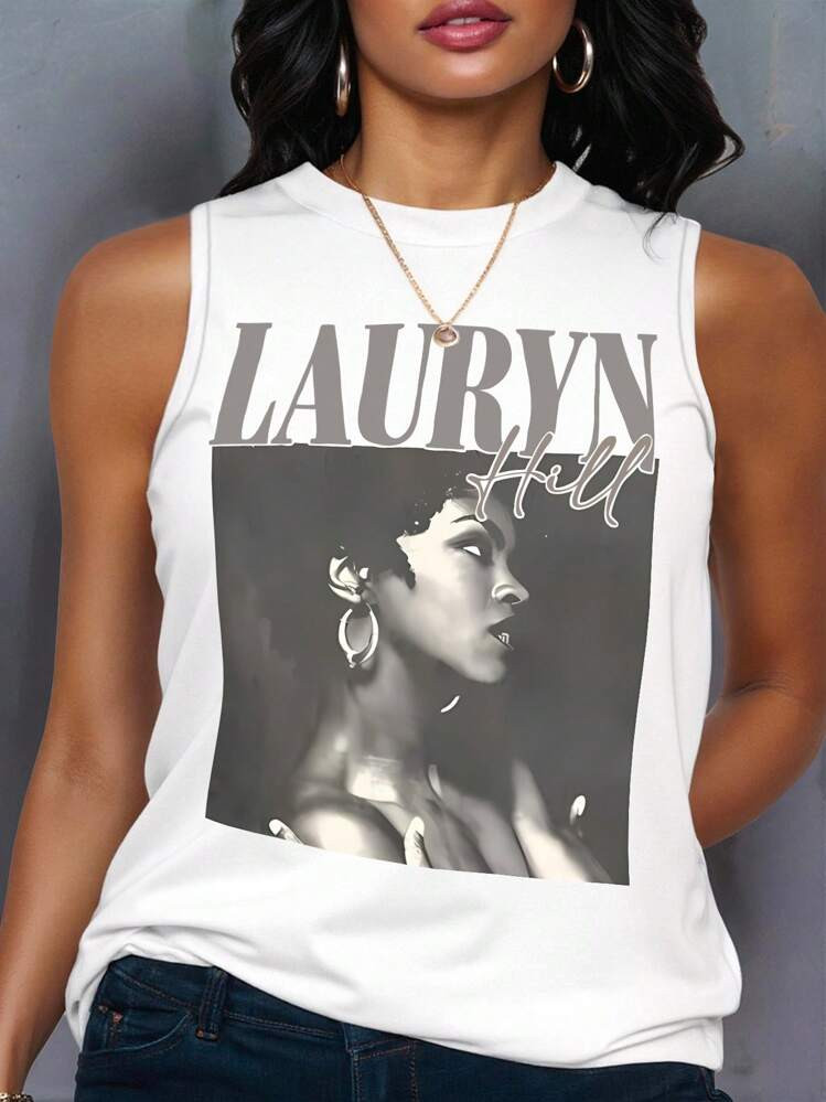 Maweii Plus Size Women Letter And Figure Print Round Neck Casual Tank Top | SHEIN