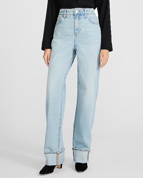 High Waisted Light Wash Cuffed Relaxed Straight Jeans | Express
