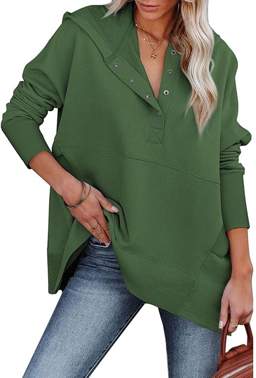 PAODIKUAI Women Casual Button Hoodies Oversized V Neck Long Sleeve Pullover Sweatshirt Hooded Top... | Amazon (US)
