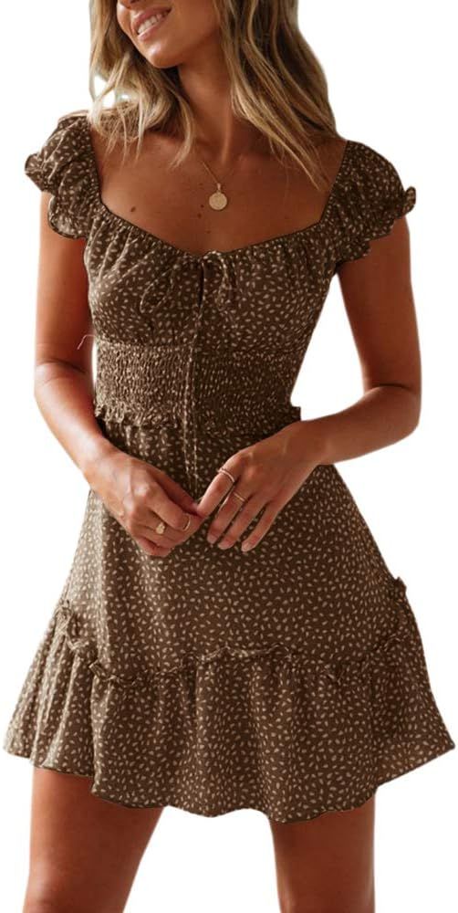 YOBECHO Women's Summer Ruffle Sleeve Sweetheart Neckline Printing Dress Mini Dress | Amazon (US)