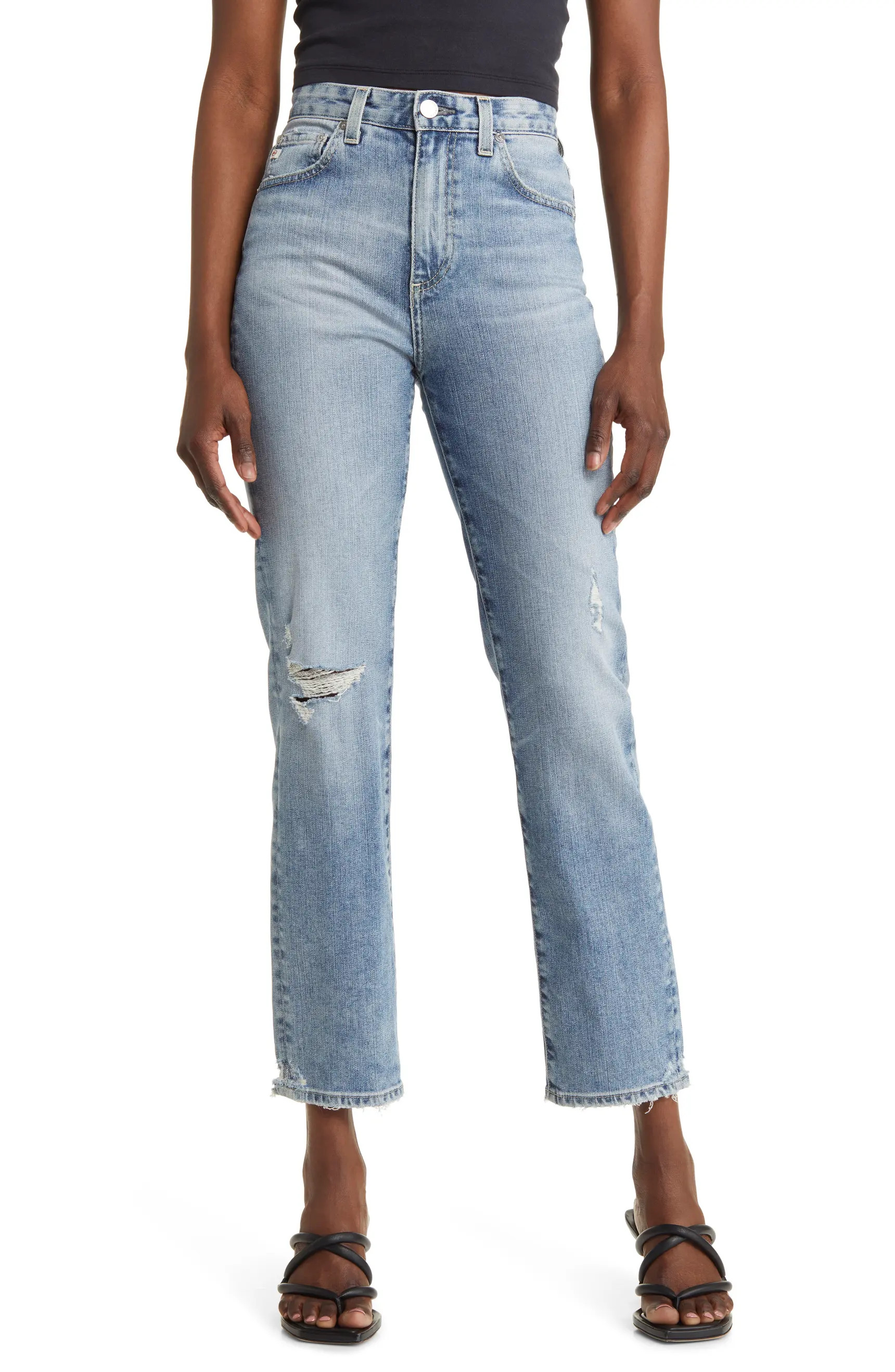Saige Ripped High Waist Ankle Straight Leg Jeans | Nordstrom