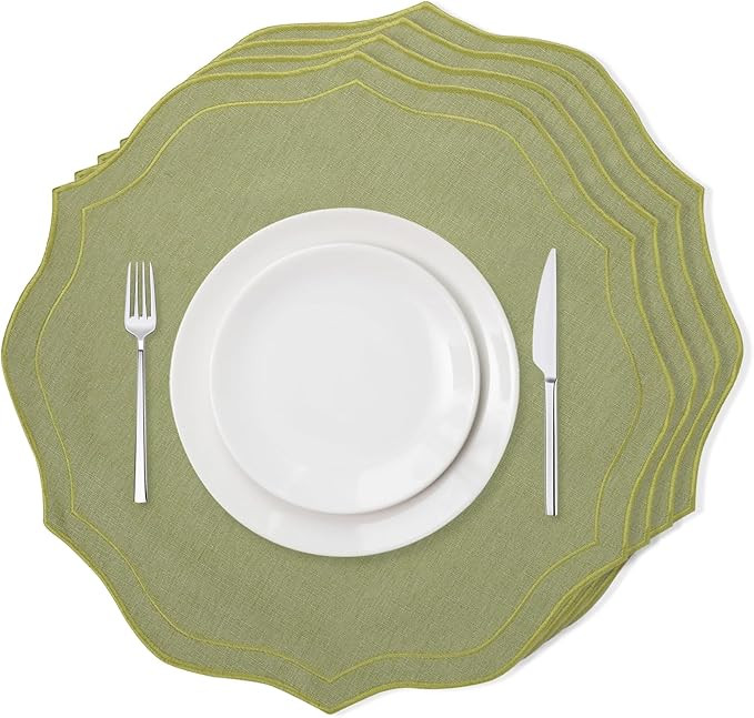 Set of 4 Cotton Linen Placemats, 15x15 Round Scalloped Cloth Table Mats, Embroidery Machine Washa... | Amazon (US)