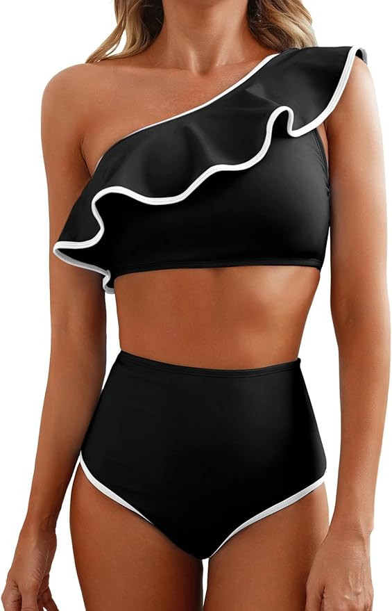 Herseas Women's One Shoulder Bikini Sets Color Block Trim Ruffle Hem Swimsuits Elegant Bathing Su... | Amazon (US)