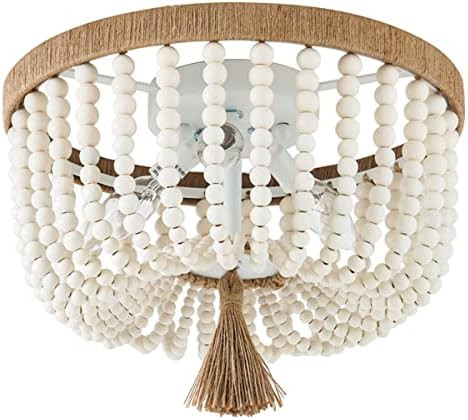 VILUXY Bohemia Wood Beaded Flush Mount Ceiling Light Antique Rustic Mini Chandelier White Finishi... | Amazon (US)