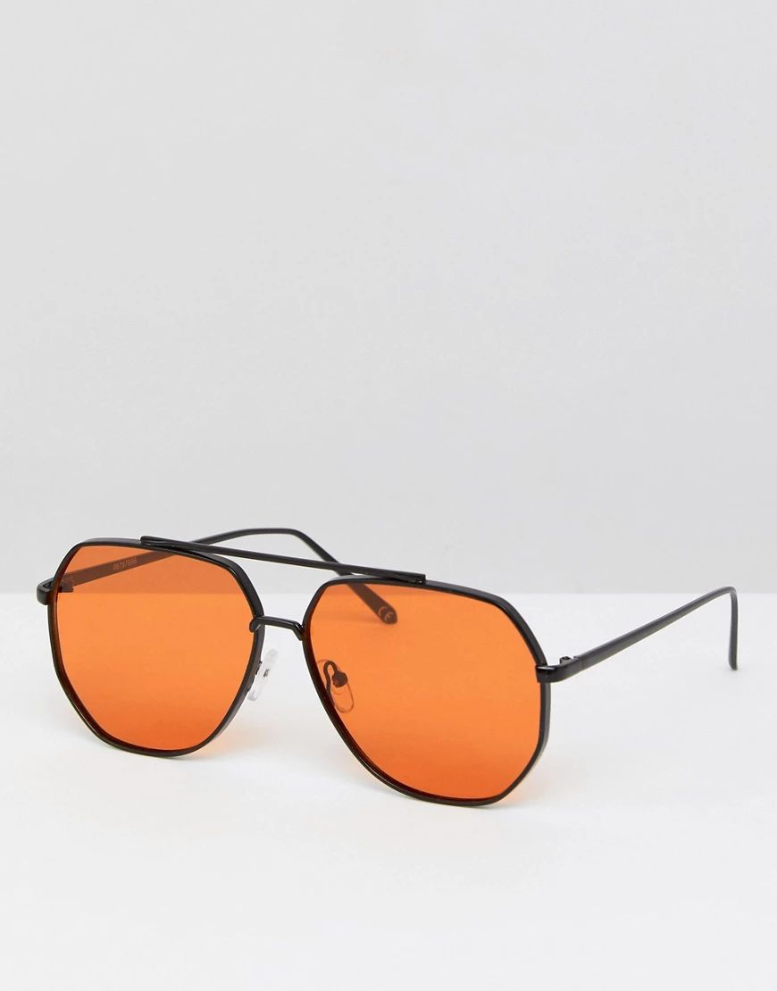 ASOS Black Metal Aviator Fashion Sunglasses With Orange Lens | ASOS (Global)