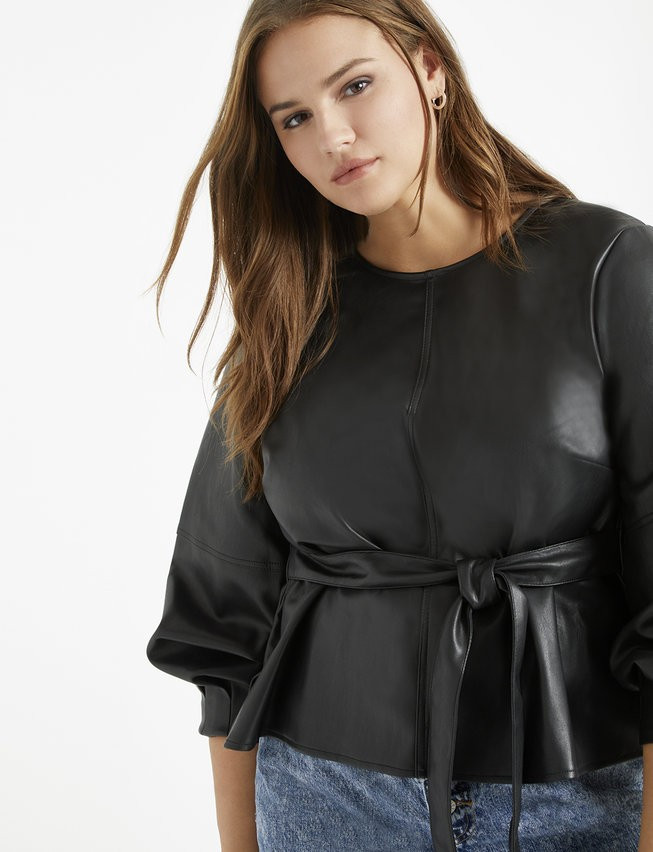 Faux Leather Pleat Front Blouse with TIe | Eloquii