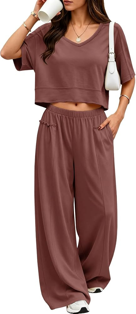 ReachMe Women's 2 Piece Matching Sets Short Sleeve V Neck Crop Top Wide Leg Lounge Pants Summer T... | Amazon (US)