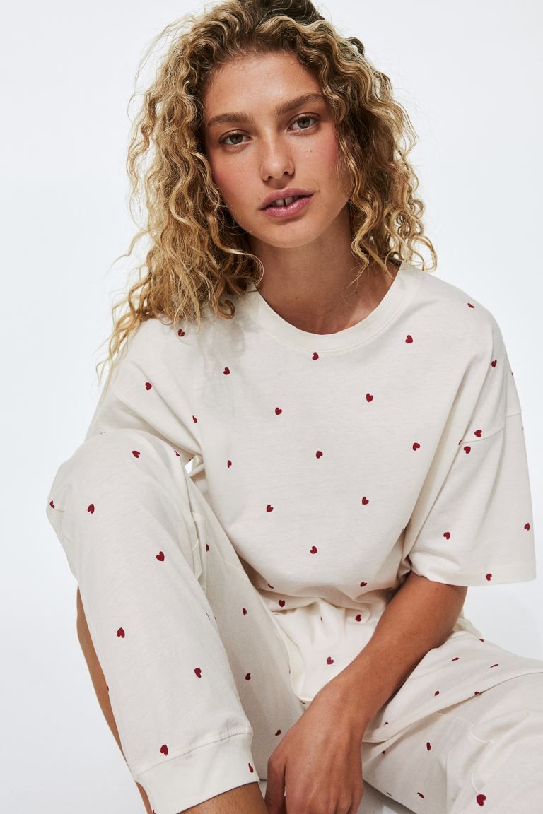 Jersey Pajamas - Round Neck - Short sleeve - White/hearts - Ladies | H&M US | H&M (US + CA)