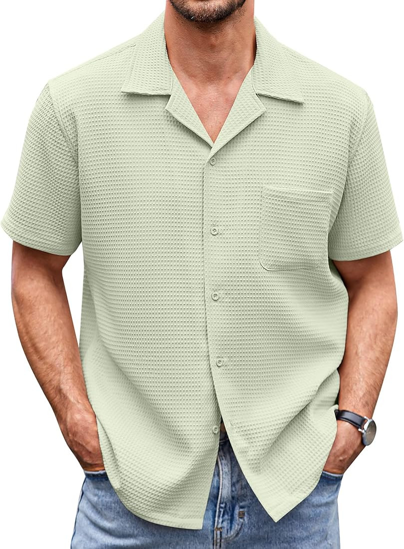 COOFANDY Men's Waffle Shirt Button Down Short Sleeve Shirt Loose Fit Cuban Beach Tops | Amazon (US)