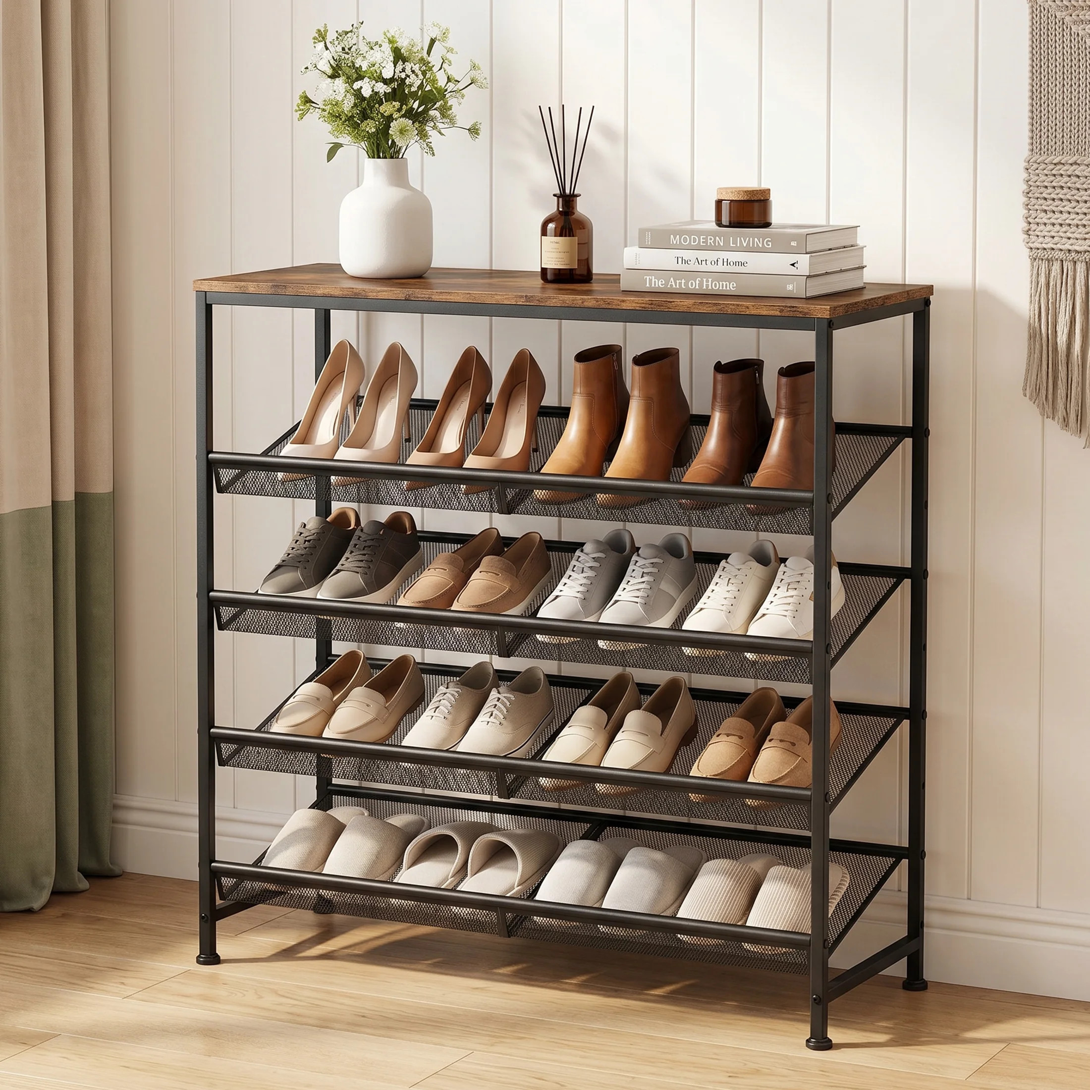CONCETTA 5-Tier Adjustable Shoe Rack Antique Wood Mesh Metal Shelves Wooden Top for Entryway | Walmart (US)