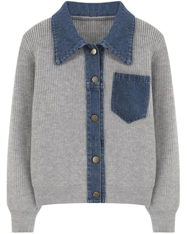 happlan Women's Knitted Long Sleeve Denim Patchwork Cardigan Sweater Jacket Top | Amazon (US)