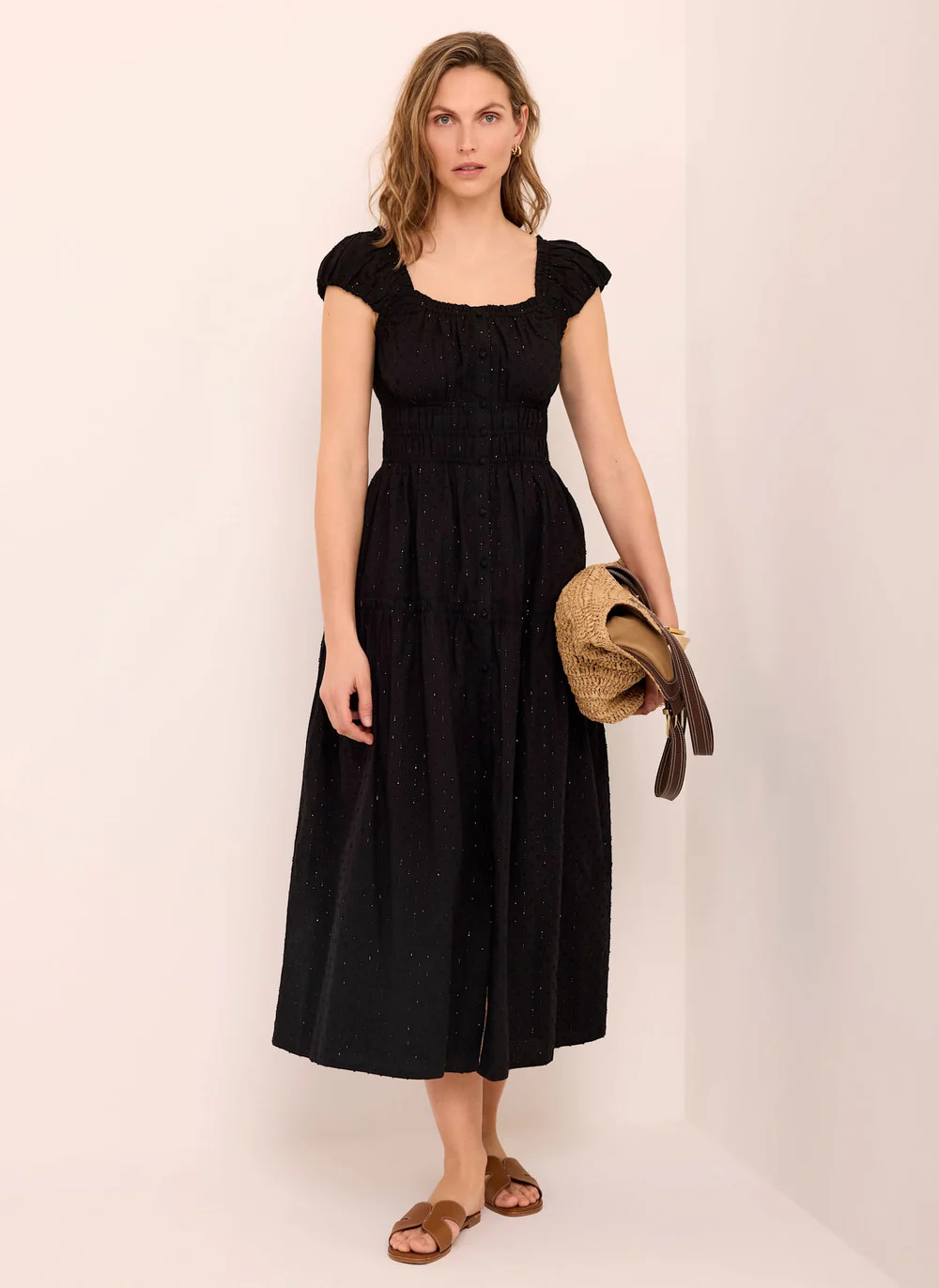Black Cotton Blend Textured Midi Dress | Mint Velvet