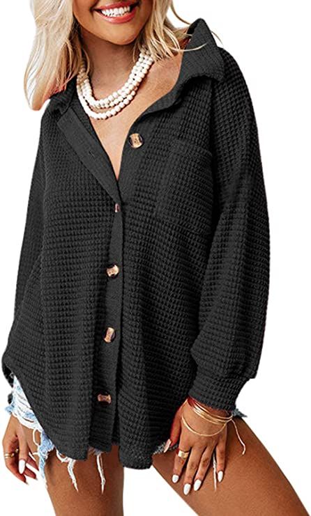 SHEWIN Womens Button Down Shirts Waffle Knit Shacket Jacket Long Sleeve Blouses Tops | Amazon (US)