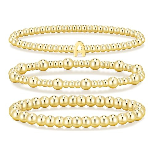 Gold Initial Bracelets for Women, 14K Gold Plated Beaded Bracelets Gold Stretch Bead Ball Bracelet stack Set Adjustable Bracelet Set Jewelry for Gifts (A, 7) | Amazon (US)