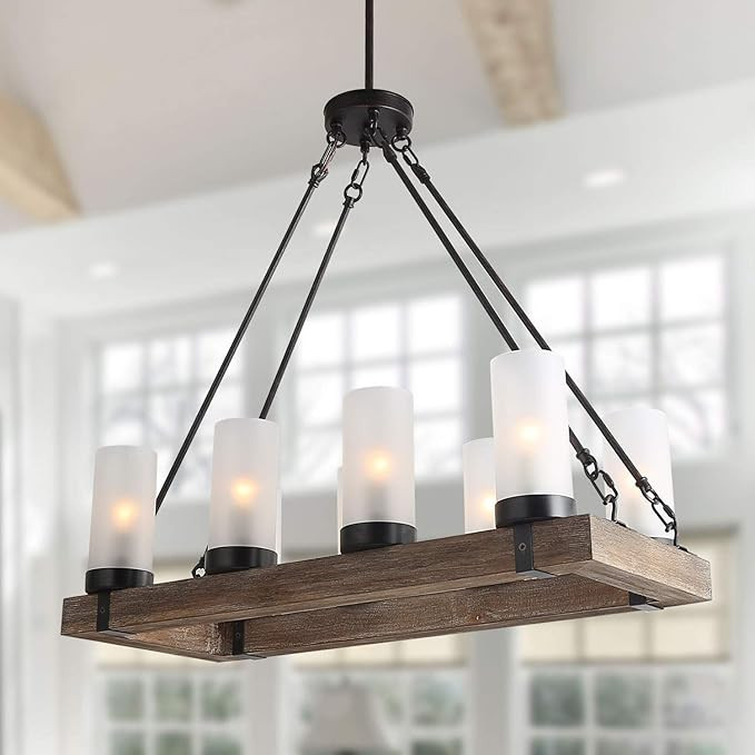 LNC Farmhouse Wood Chandelier Rustic Rectangular Light Fixture with Frosted Glass Shade for Kitch... | Amazon (US)