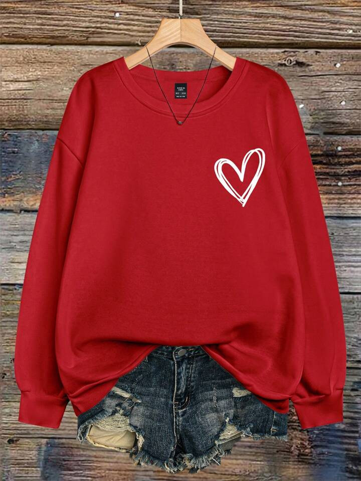 SHEIN CURVE+ Plus Size Women's Heart-Shaped Printed Hot Round Neck Sweatshirt For New Year Clothe... | SHEIN