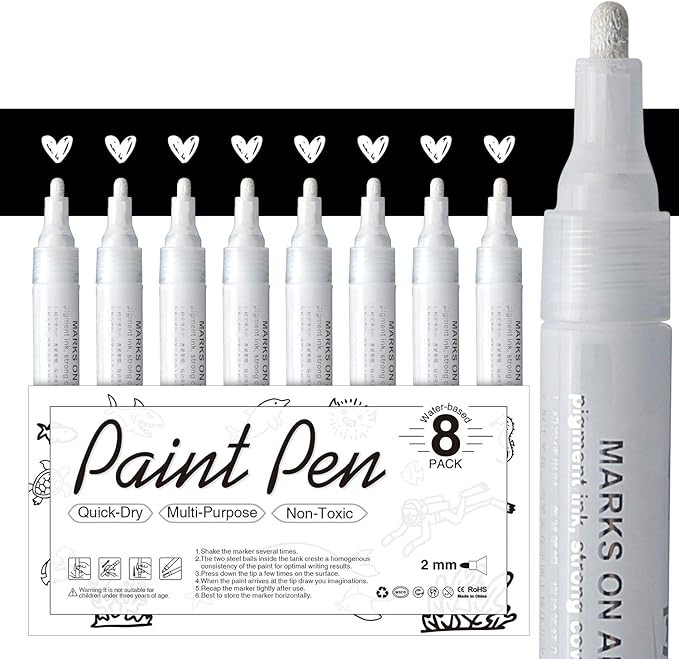 AKARUED White Paint Pen for Art - 8 Pack Acrylic White Paint Marker for Black Paper, Rock, Stone,... | Amazon (US)
