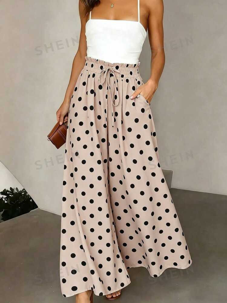 Pariaura Women's French Elegant Retro Polka Dot Wide-Leg Pants, Holiday High-Waisted Drawstring C... | SHEIN