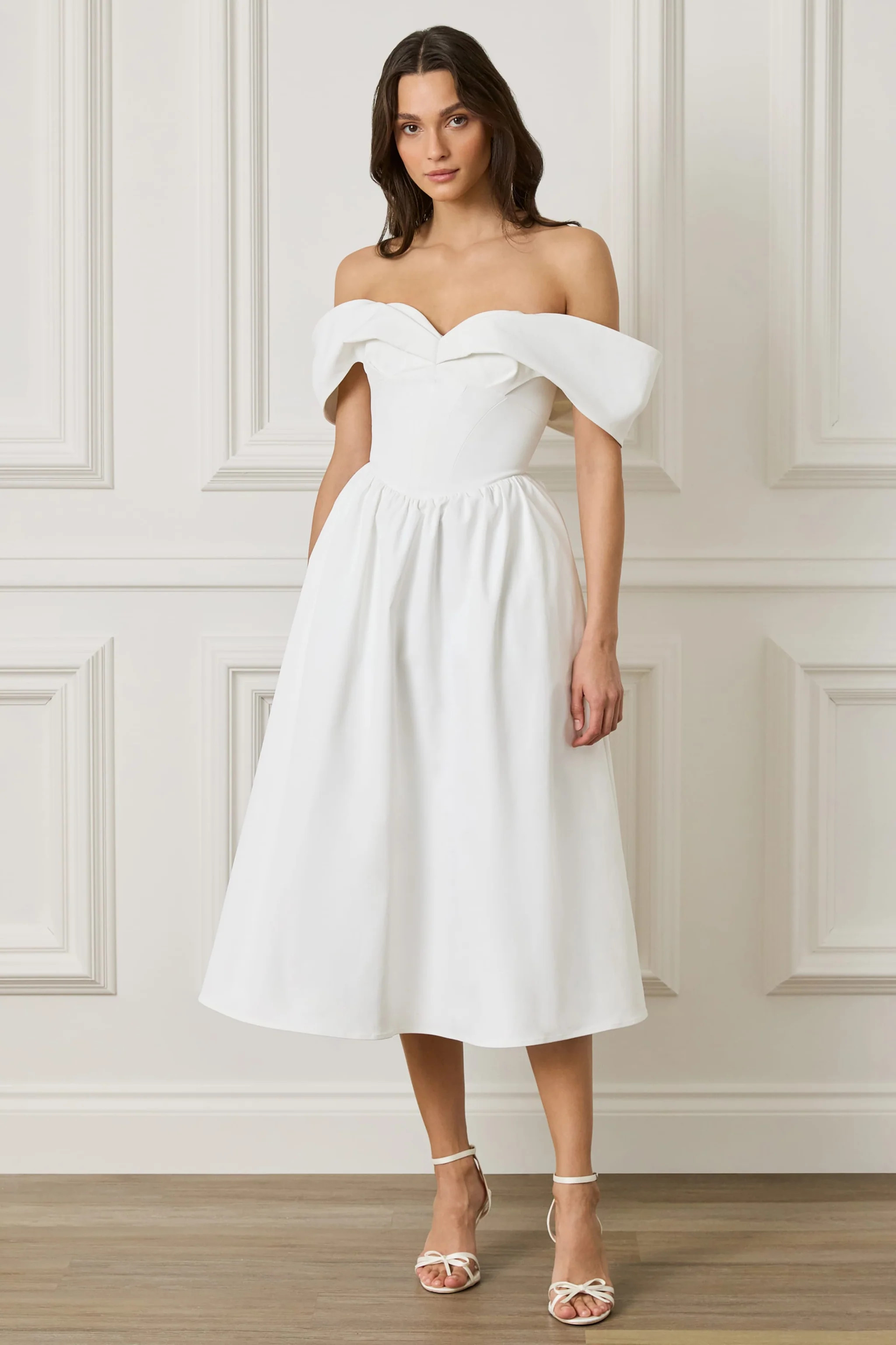 ROSALIND Pleated Off Shoulder Corset Sundress In White | Lavish Alice Retail Ltd