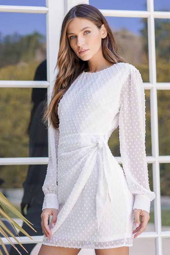 Much Love White Swiss Dot Long Sleeve Tie-Front Mini Dress | Lulus (US)