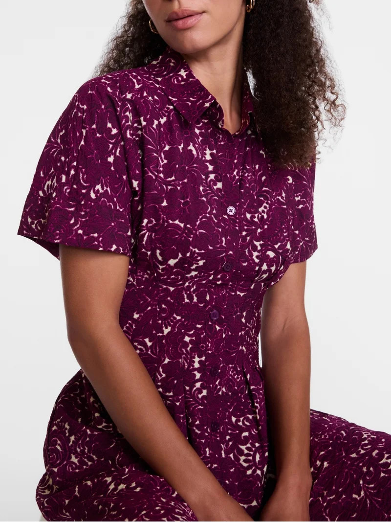 Scenario Women's and Women's Plus Pleated Waist Midi Shirtdress with Short Sleeves, Sizes XS-4X | Walmart (US)