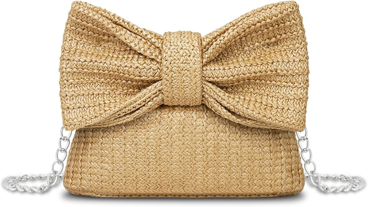 Straw Clutch Purse with Big Bow Handle Bag Summer Straw Handbag Beach Tote Woven Evening Bag for ... | Amazon (US)
