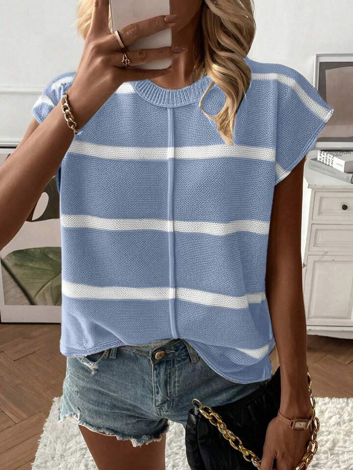 Calvaya Women's Casual Loose Round Neck Raglan Sleeveless Knit Vest, New Autumn/Winter Fashion Striped Contrast Color Pullover Sweater Tank Top | SHEIN