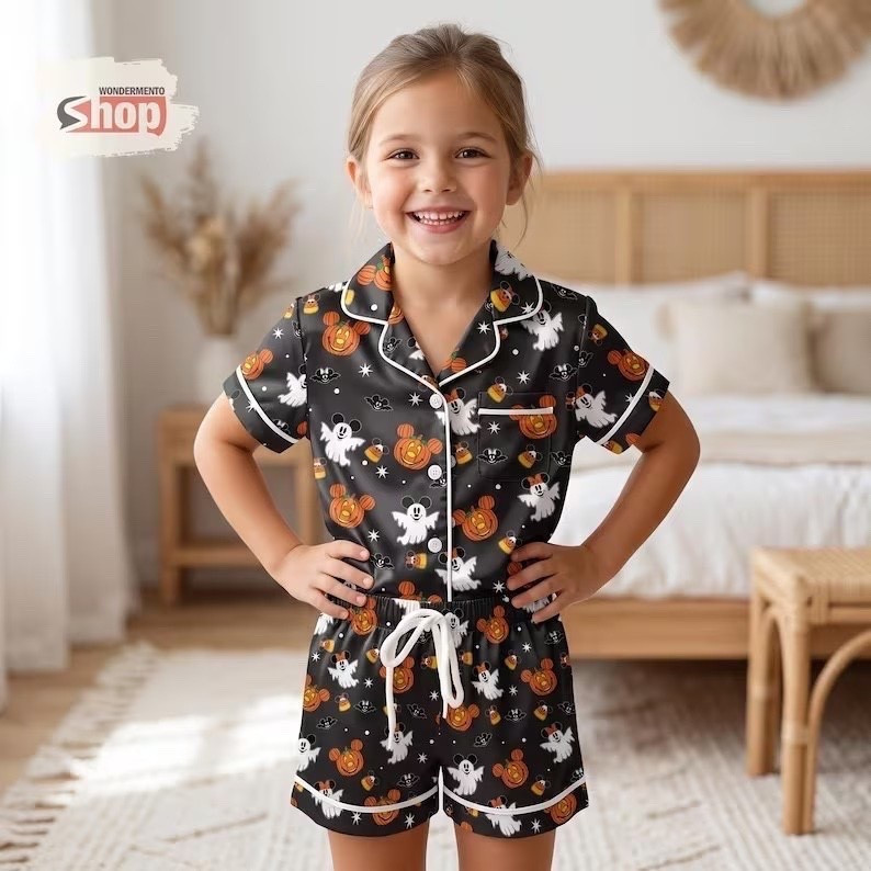 Mickey Minnie Halloween Kids Satin Pajamas Set, Boo Ghost Pumpkin Toddler Short PJs, Disney Trip Sleepwear, Halloween Party Gift for Girls

#LTKSeasonal #LTKKids #LTKTravel
