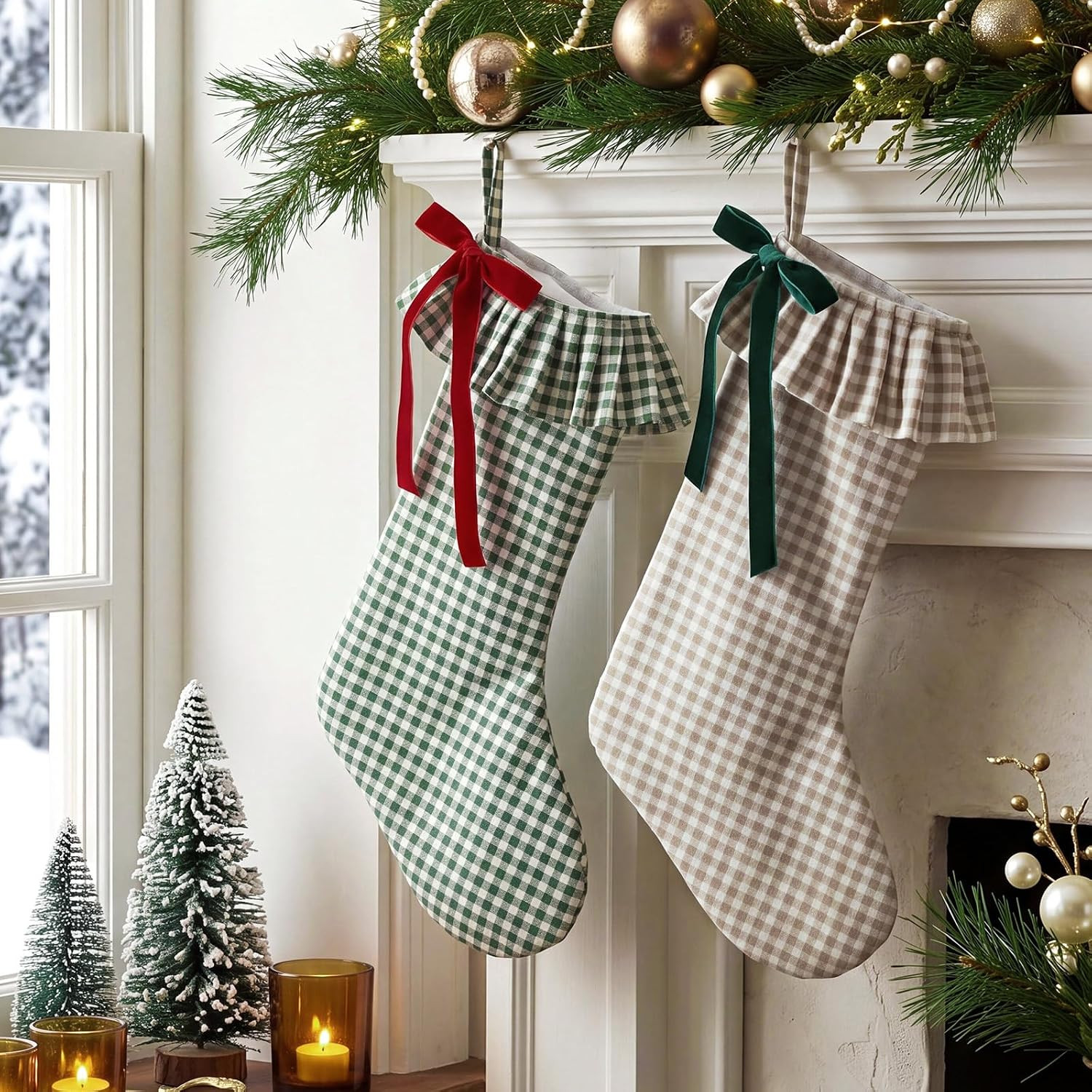 Seematn 2 Pack Gingham Christmas Stockings with Ruffled Cuff & Bow | Amazon (US)