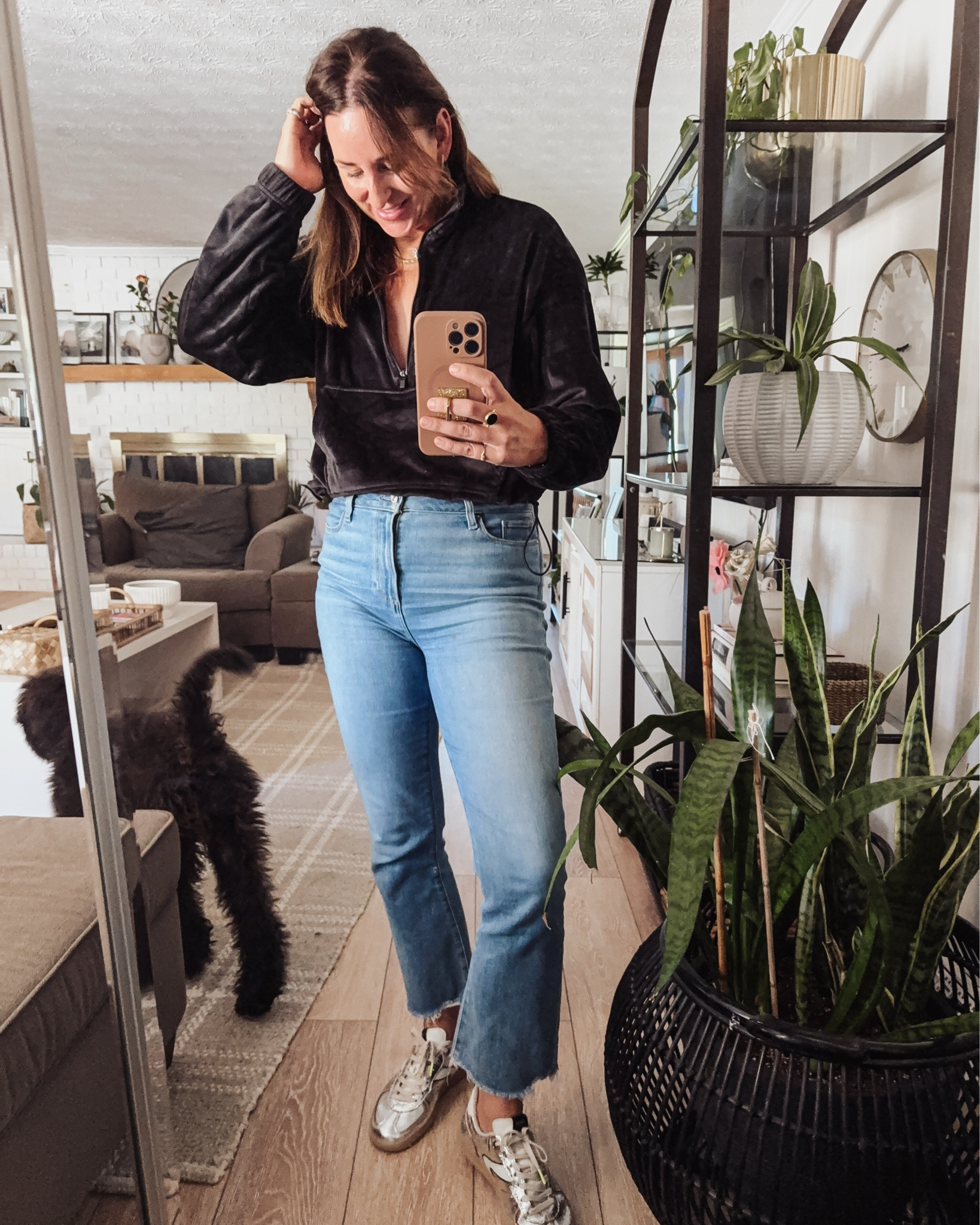 Fall chill day outfit | velour pullover | silver sneakers | metallic sneakers | Paige denim | #ltksale | #fallfit #momover45 | casual outfit #ltkunder50 #belk 

#LTKSeasonal #LTKMidsize #LTKOver40