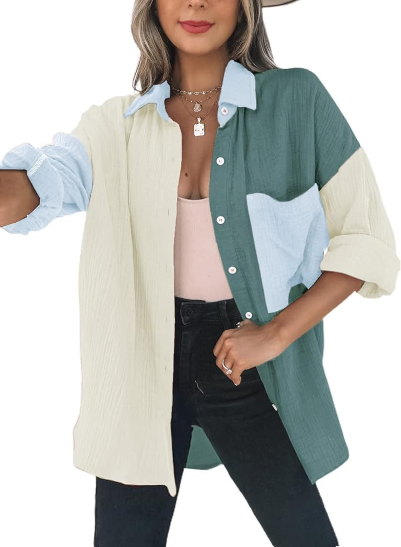 Dokotoo Womens Color Block Button Down Shirts Long Sleeve Oversized Boyfriend Blouses Tops | Amazon (US)