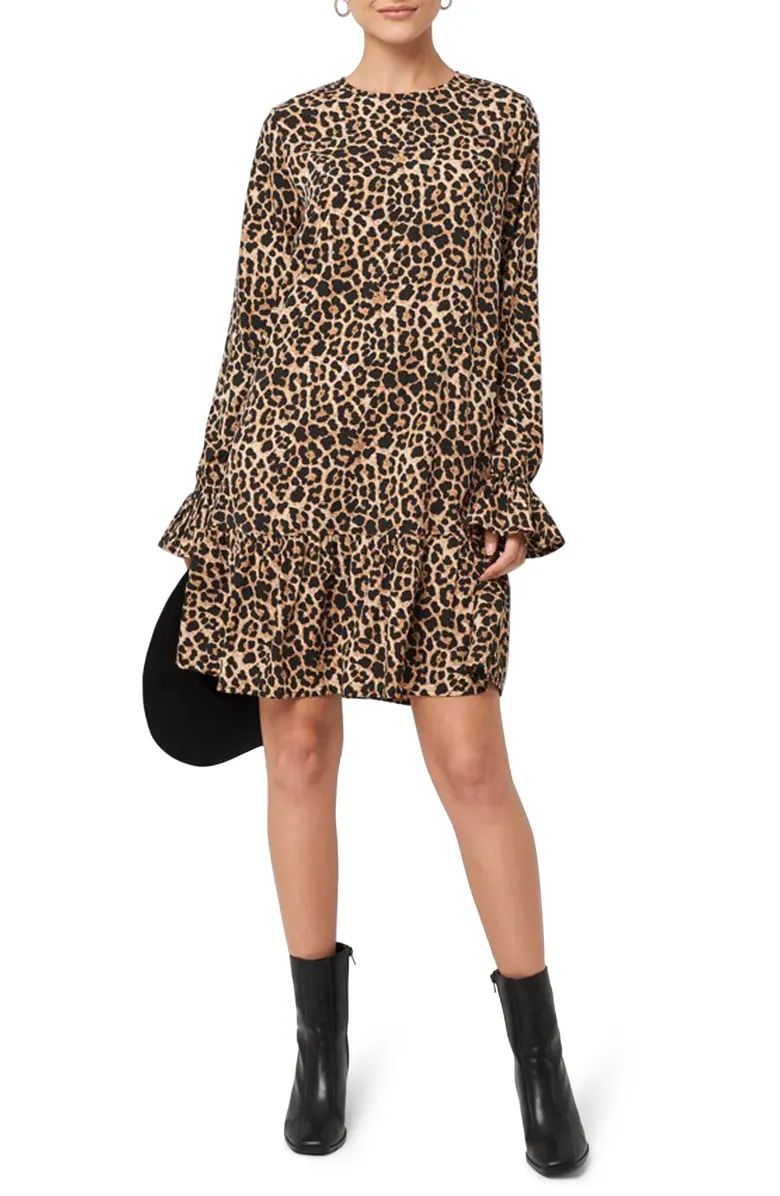 Long Sleeve Leopard Print Flounce Minidress | Nordstrom