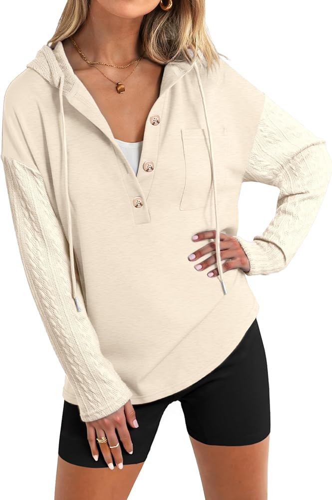 Glamaker Women's Button Down Cable Knit Hoodies Long Sleeve Patch Work Spliced Pullover Hooded Sw... | Amazon (US)