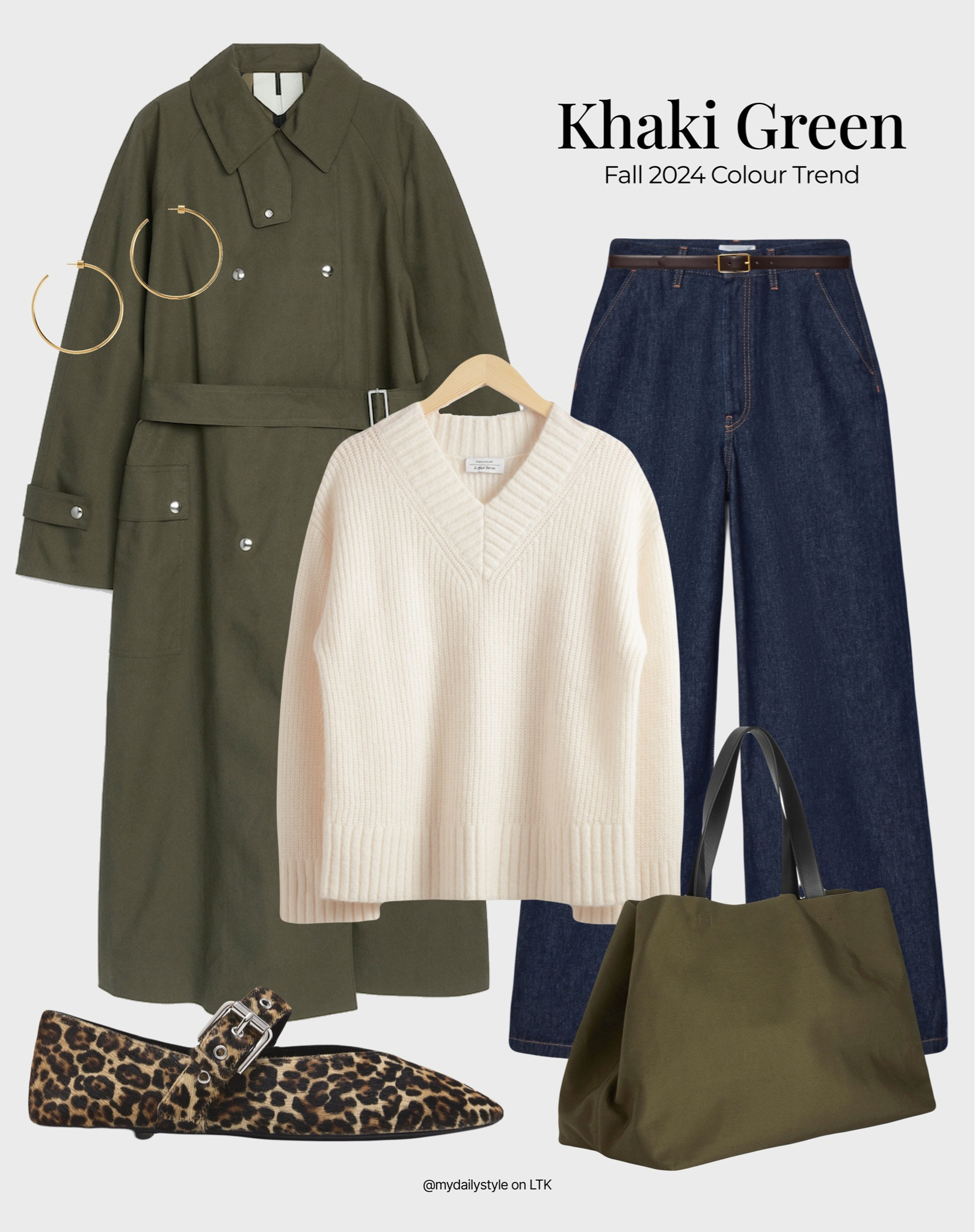 Khaki green in all its shades is definitely the color of the season. Mix it with raw denim jeans, cream white sweater, khaki green suede shopper bag & animal print ballet flats, & you’ve got a stunning casual fall look.

Tags: khaki green, olive green, fashion trends 2024, fall style, pre-fall, autumn style, fall outfit, autumn outfit, fall fashion, autumn fashion, easy styling, simple everyday look, chic & basic outfit, Parisian look, casual outfit, capsule wardrobe, office look, brunch style, high street. 

#LTKstyletip #LTKautumn #LTKbag