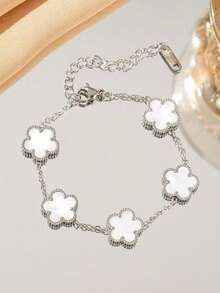 1pc Stainless Steel 5-Leaf Clover Flower Bracelet, Fashion Versatile Elegant Titanium Steel Brace... | SHEIN